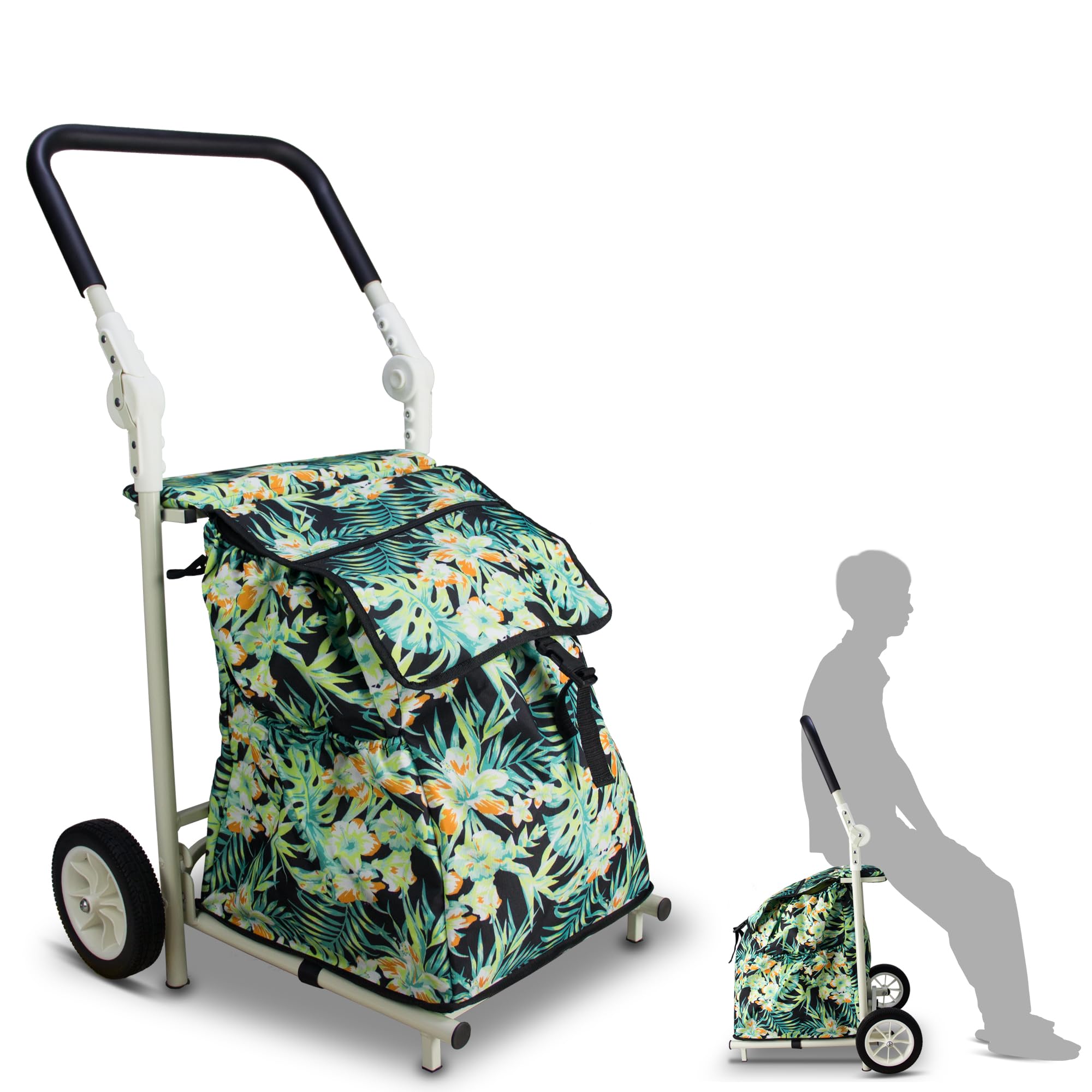 TMZ Folding Shopping Cart with Seat and Expandable Storage